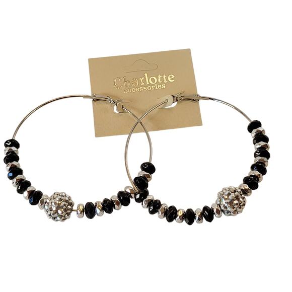 Large Black Beaded Hoop Earrings 3" Silver Tone Rhinestone Accent Pierced Trendy - Picture 8 of 8